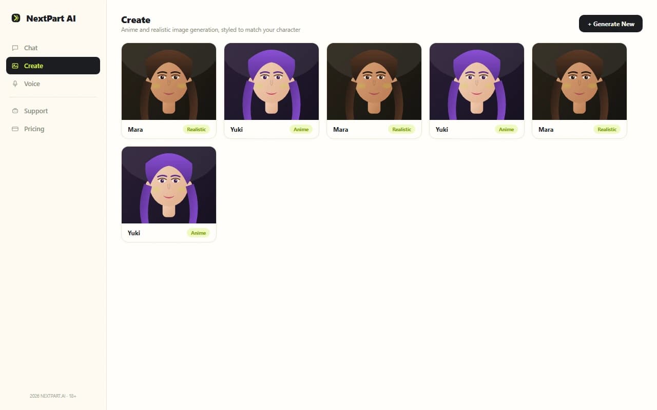 NextPart AI image generation results showing anime and realistic style character images