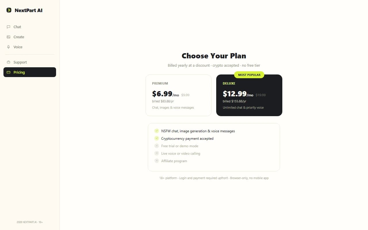 NextPart AI pricing page showing monthly and yearly subscription plans
