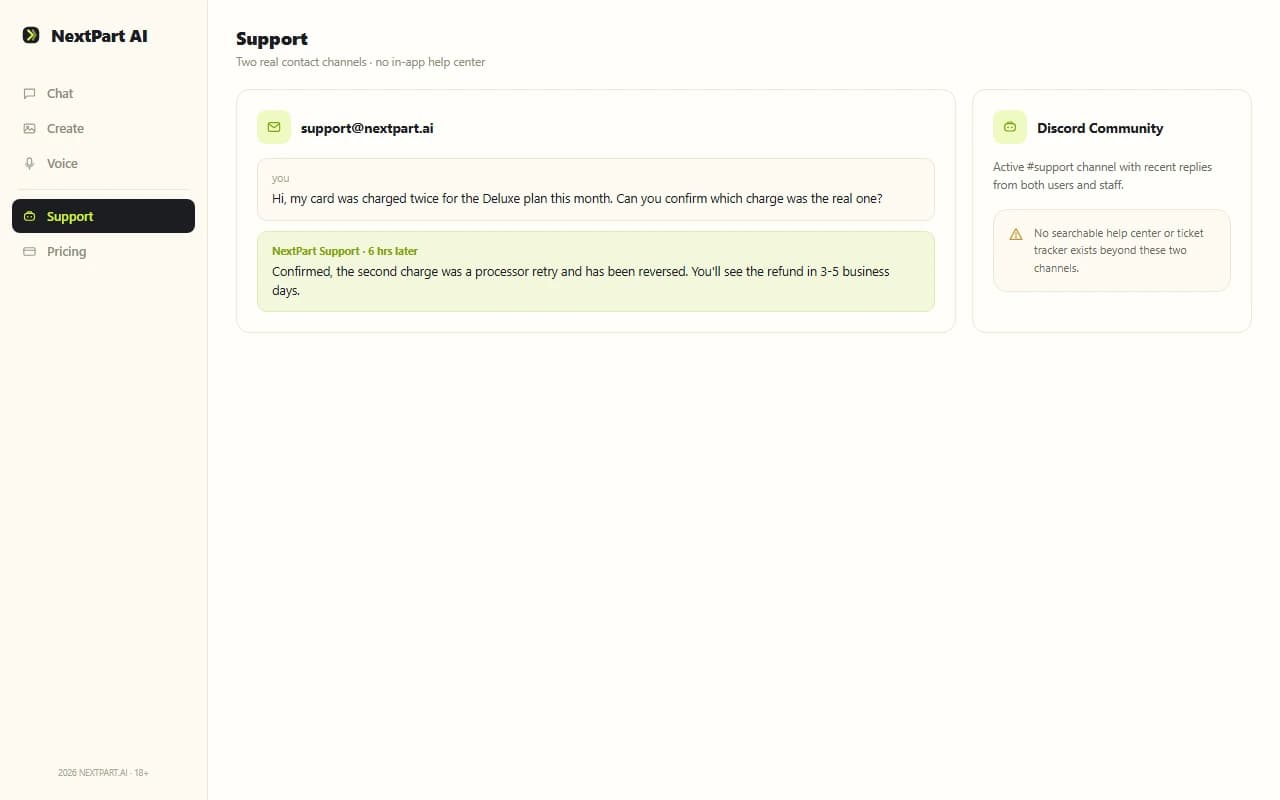 NextPart AI customer support screen showing an email inquiry and Discord community