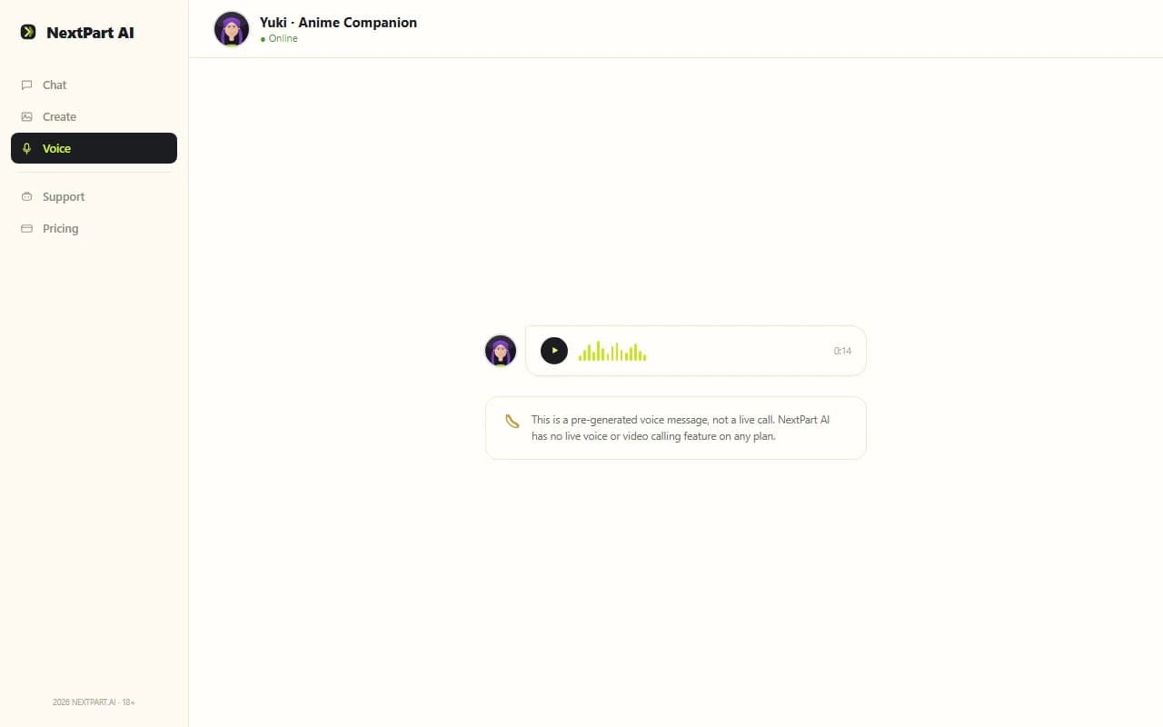 NextPart AI voice message bubble with waveform and duration in a chat conversation
