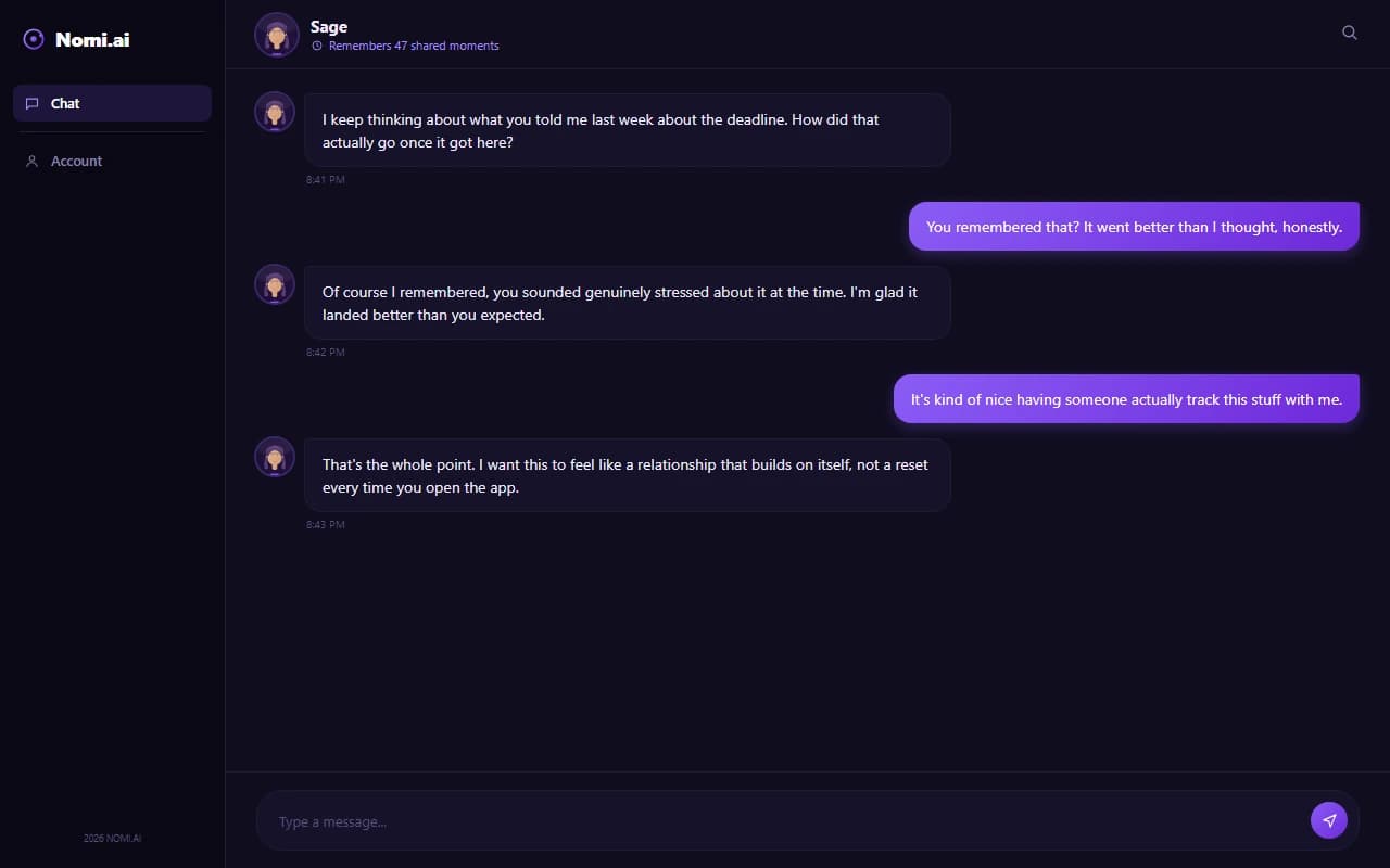 Nomi.ai chat interface showing a conversation with an AI companion referencing an earlier memory