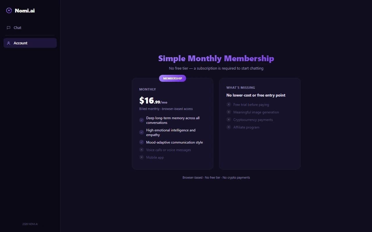 Nomi.ai subscription pricing plan