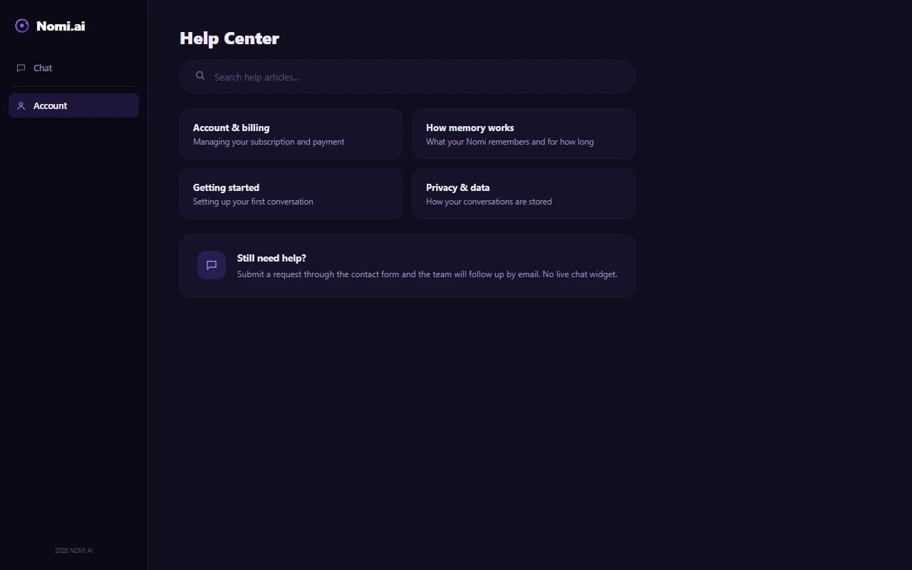Nomi.ai help center and support contact page