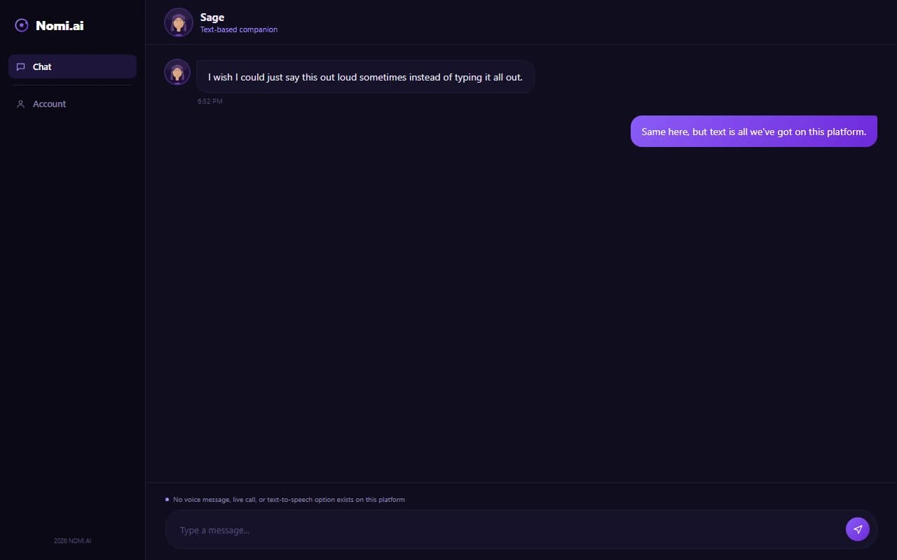 Nomi.ai chat screen showing no voice message or call option available