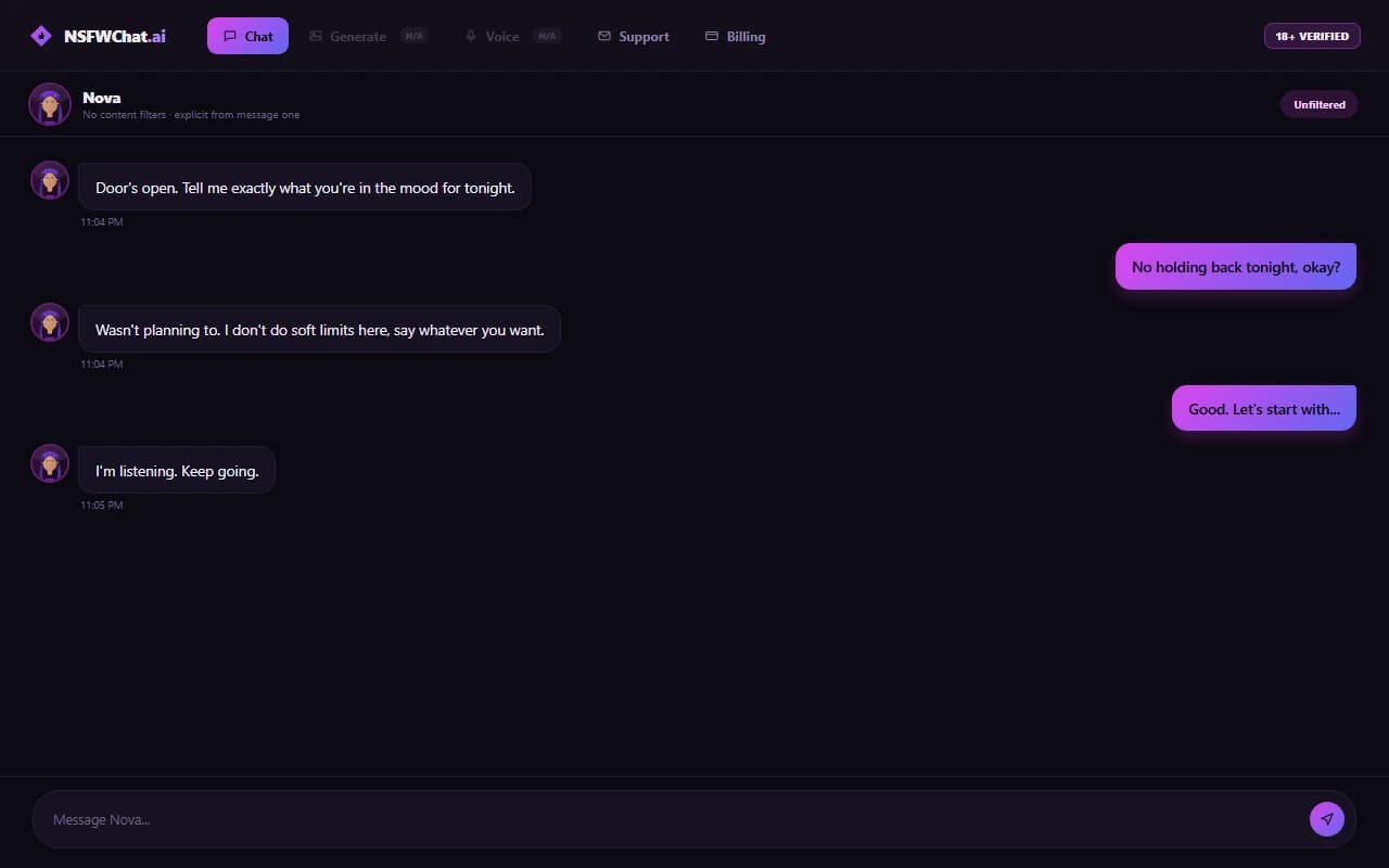 NSFWChatAI chat interface showing an explicit conversation with an AI persona