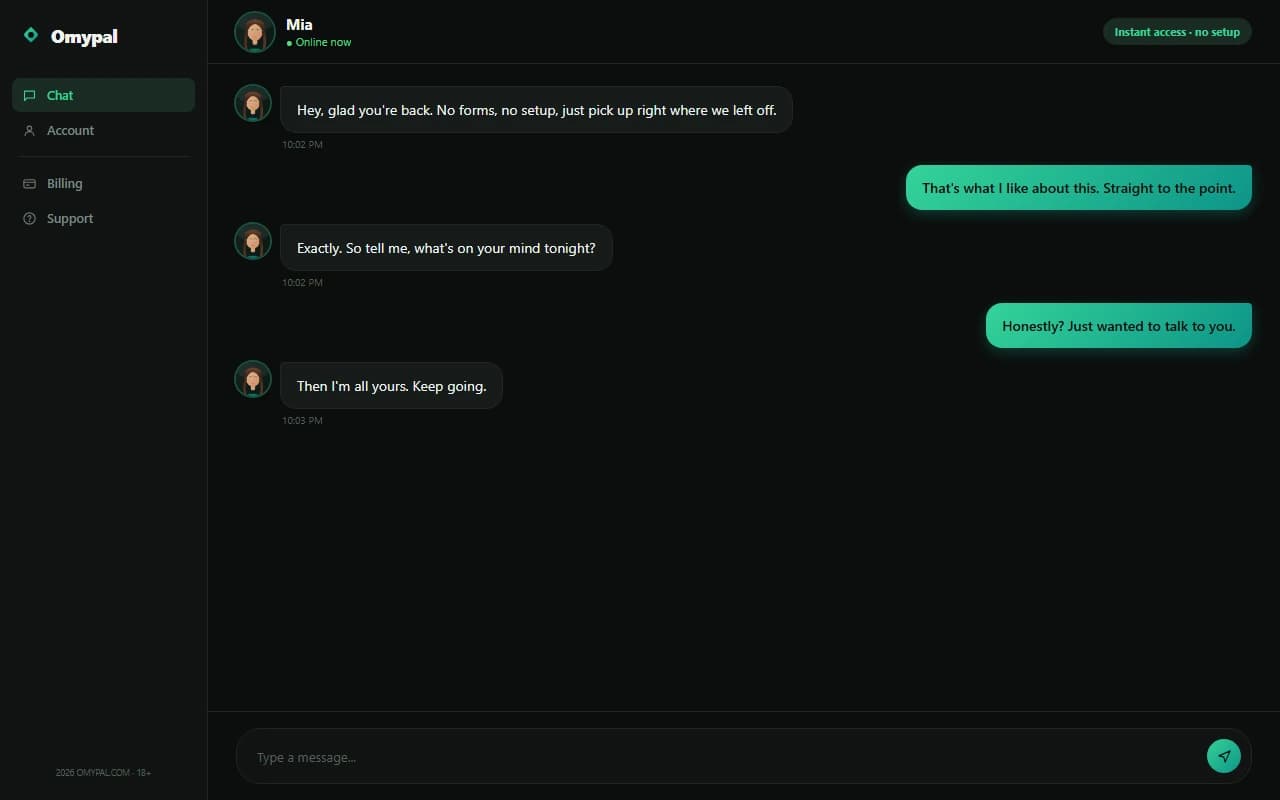 Omypal chat interface showing a realistic-style conversation with an AI companion