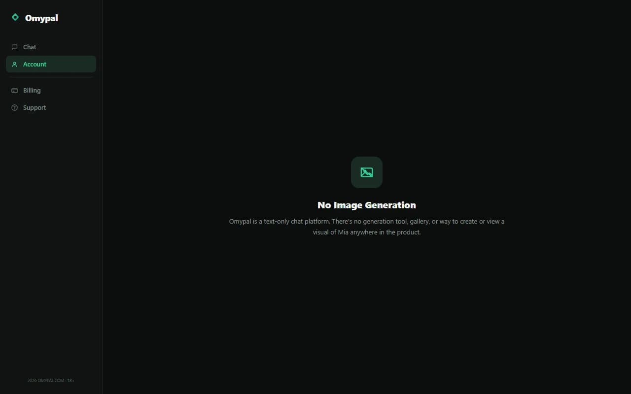 Omypal account screen showing no image generation feature is available
