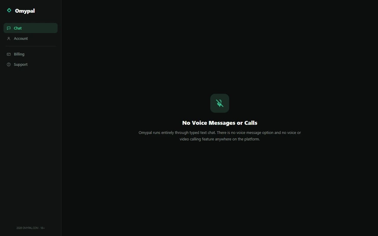 Omypal chat screen showing no voice messages or calling option is available