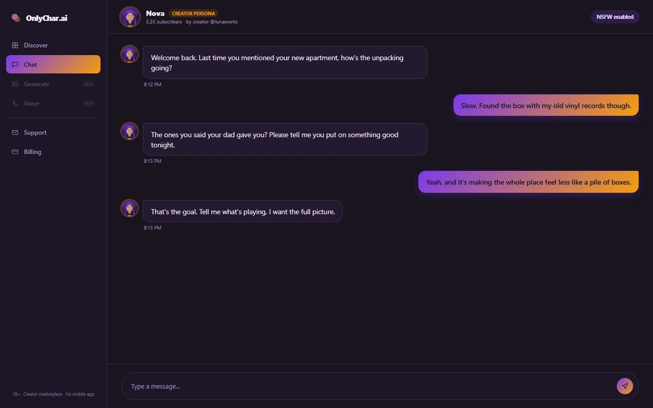 OnlyChar.ai chat interface showing a conversation with a subscribed creator-built AI persona