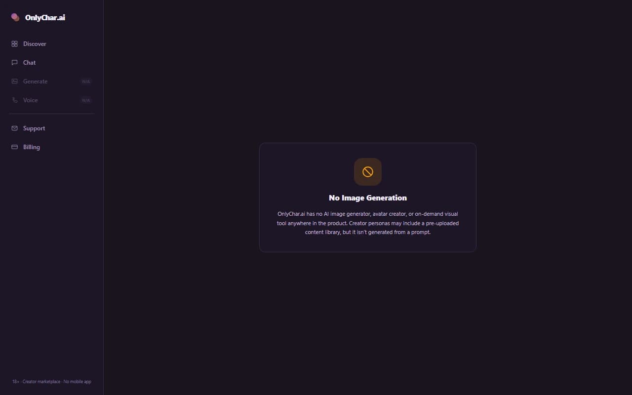 OnlyChar.ai generate screen showing that no AI image generation feature exists on the platform
