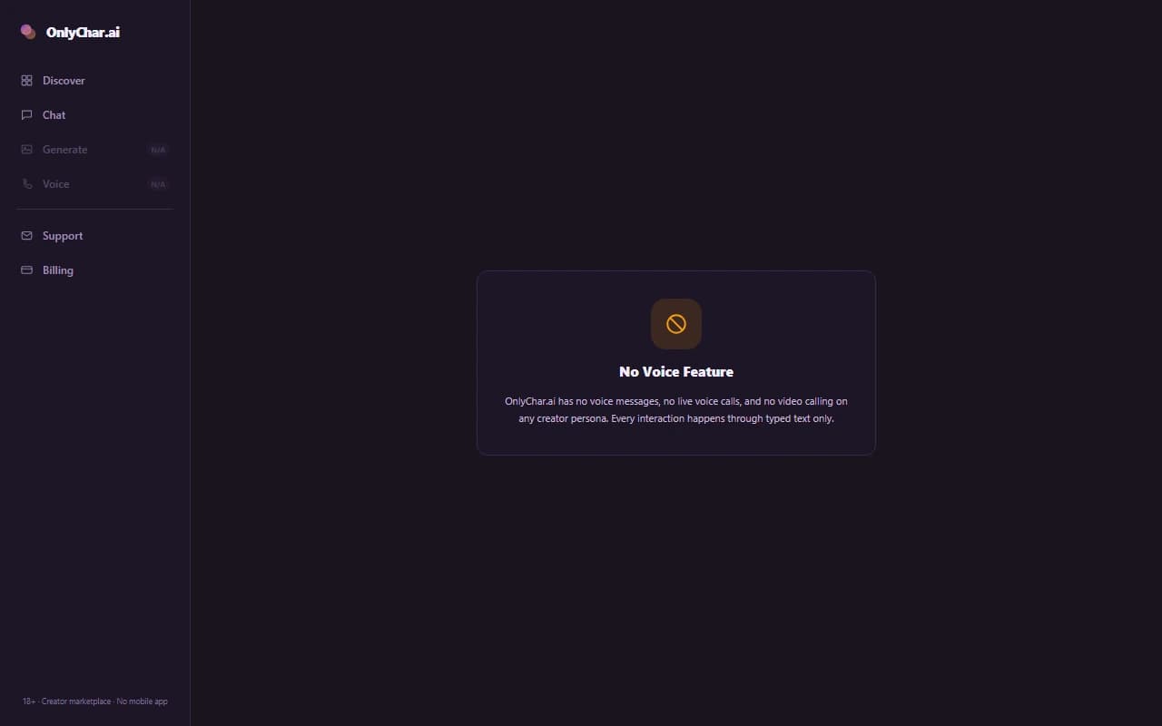 OnlyChar.ai voice screen showing that no voice messages or calling feature exists on the platform