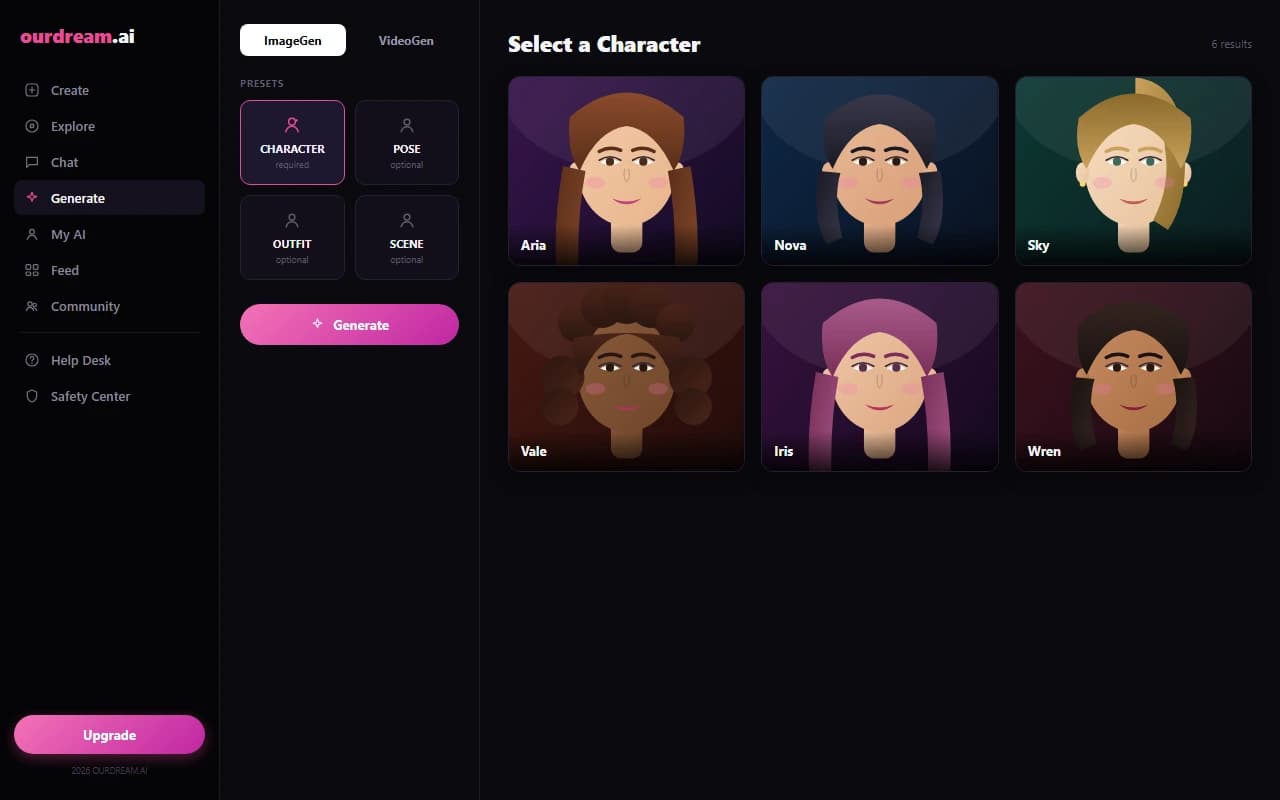 OurDream.ai AI image generation screen with character presets and generated results OurDream.ai AI image generation screen with character presets and generated results