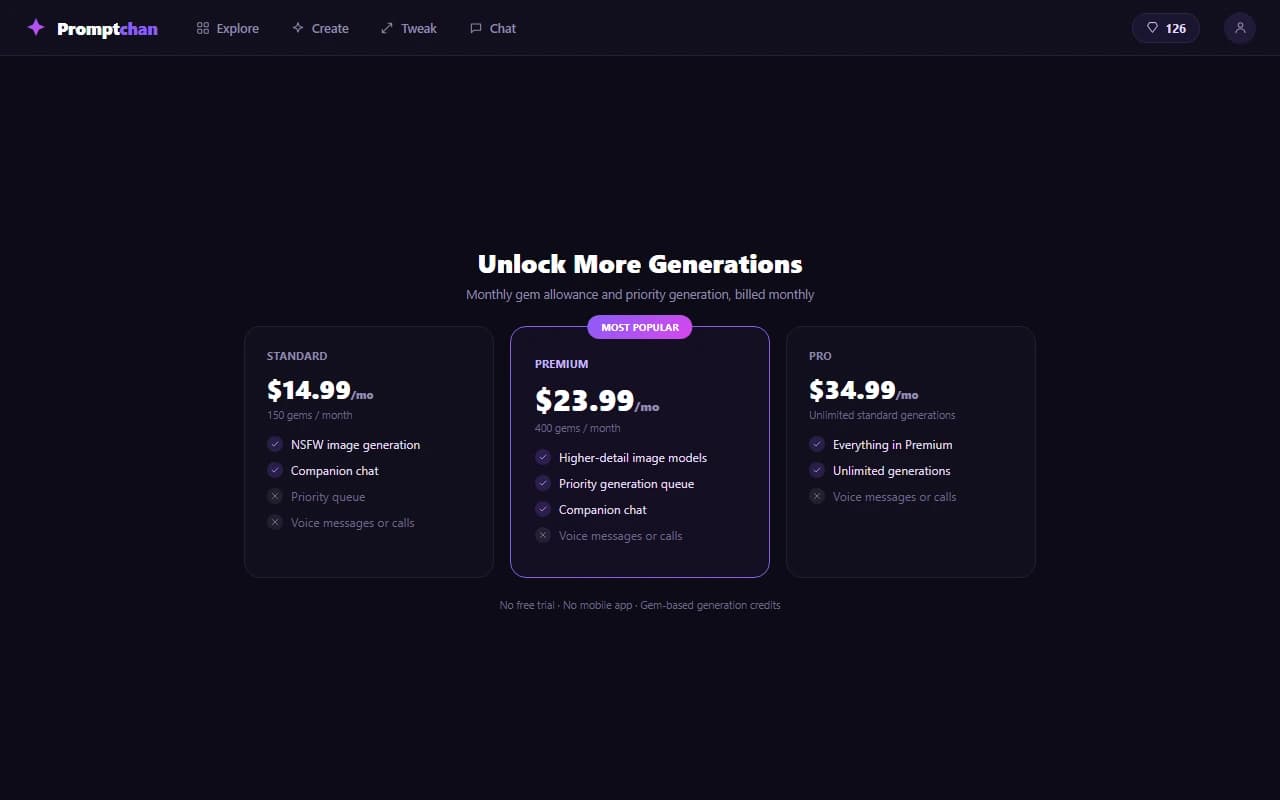 PromptChan pricing screen showing premium monthly subscription plans