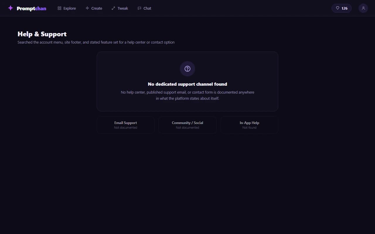 PromptChan interface showing no dedicated support channel found