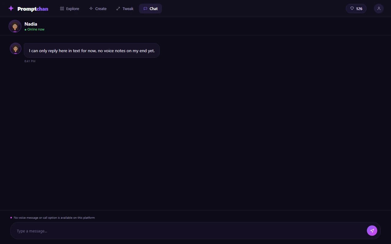 PromptChan interface showing no voice messaging or calling option available