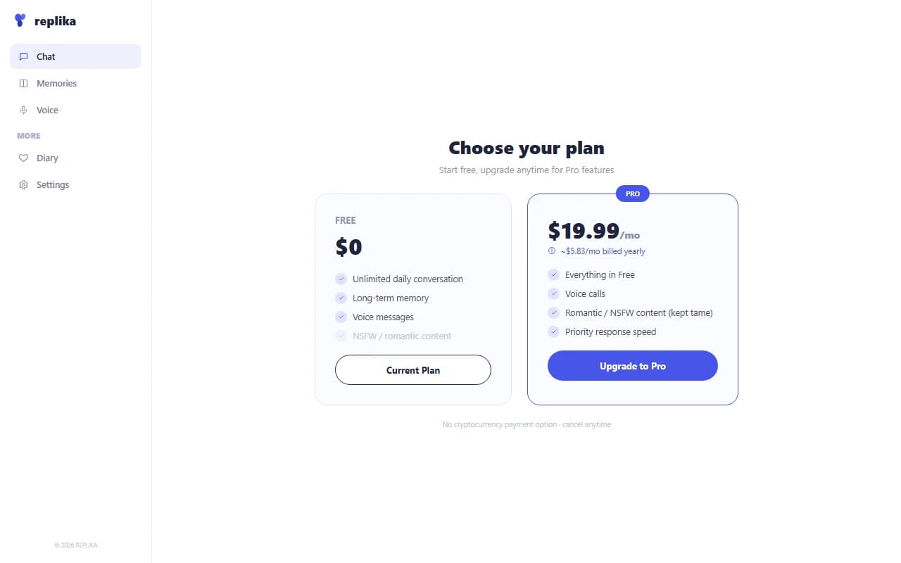 Replika pricing screen showing the free tier and Pro subscription plan Replika pricing screen showing the free tier and Pro subscription plan