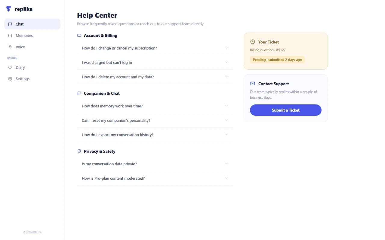 Replika help center showing account and subscription support articles Replika help center showing account and subscription support articles