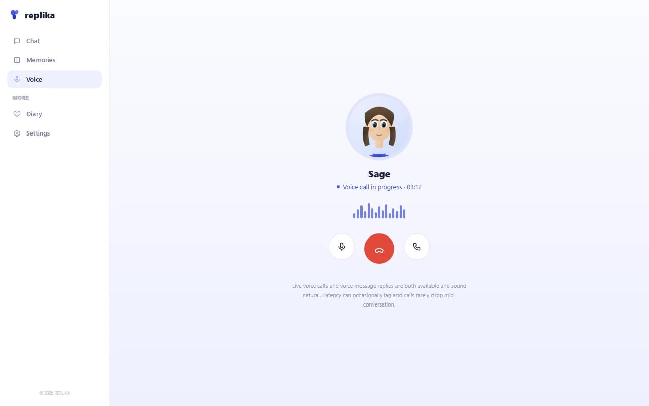 Replika voice call in progress with a companion avatar and a live waveform Replika voice call in progress with a companion avatar and a live waveform