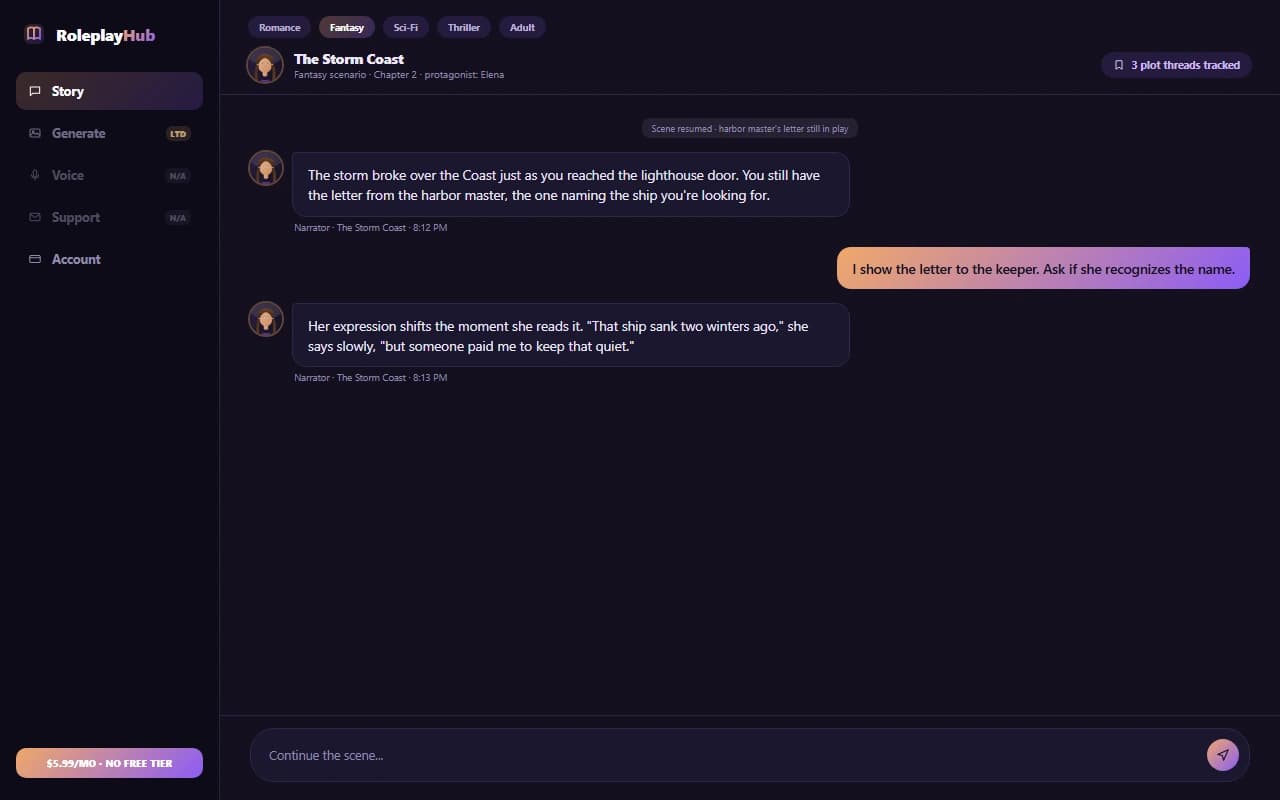 RoleplayHub chat interface showing a genre-based roleplay scenario with tracked story beats