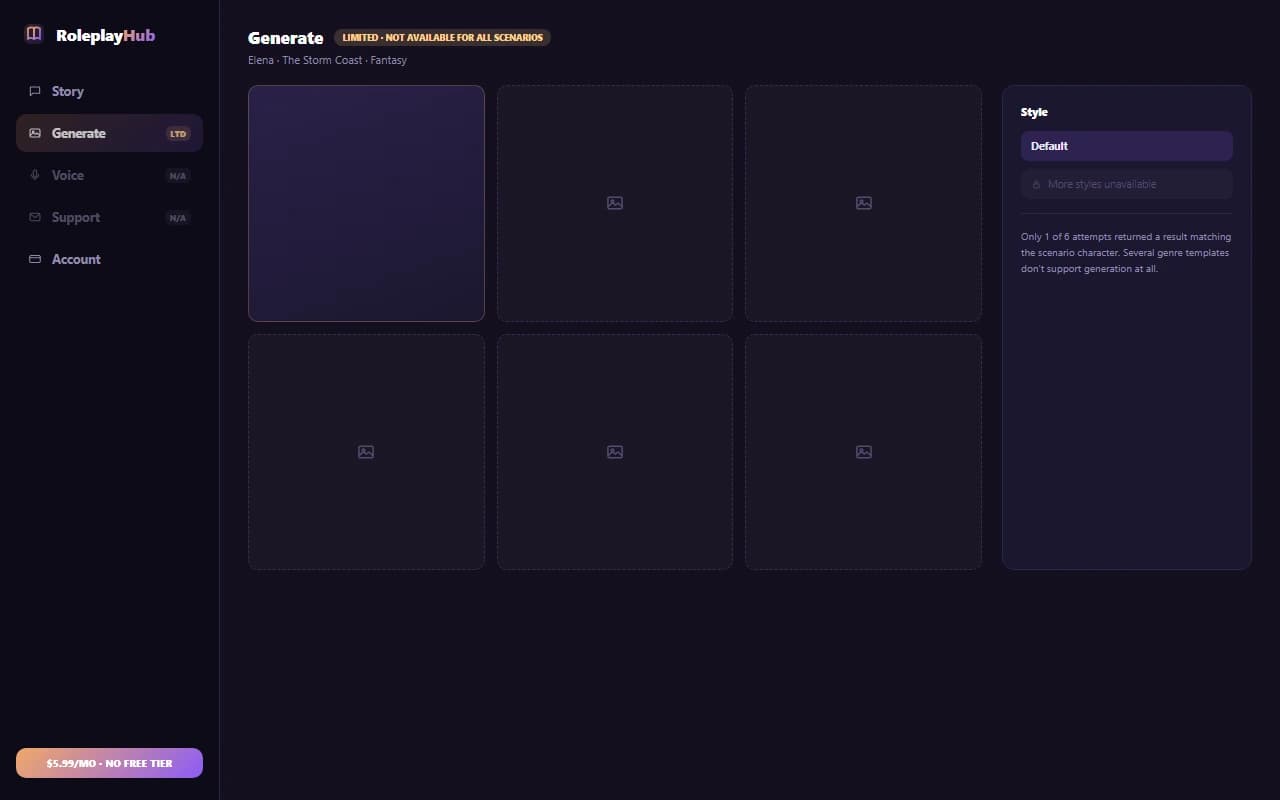 RoleplayHub image generation panel showing a limited, mostly-empty results grid
