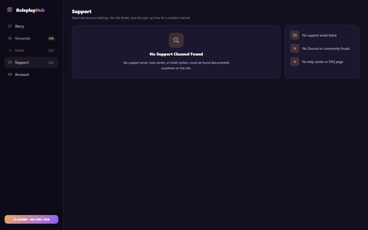 RoleplayHub account page with no support channel listed