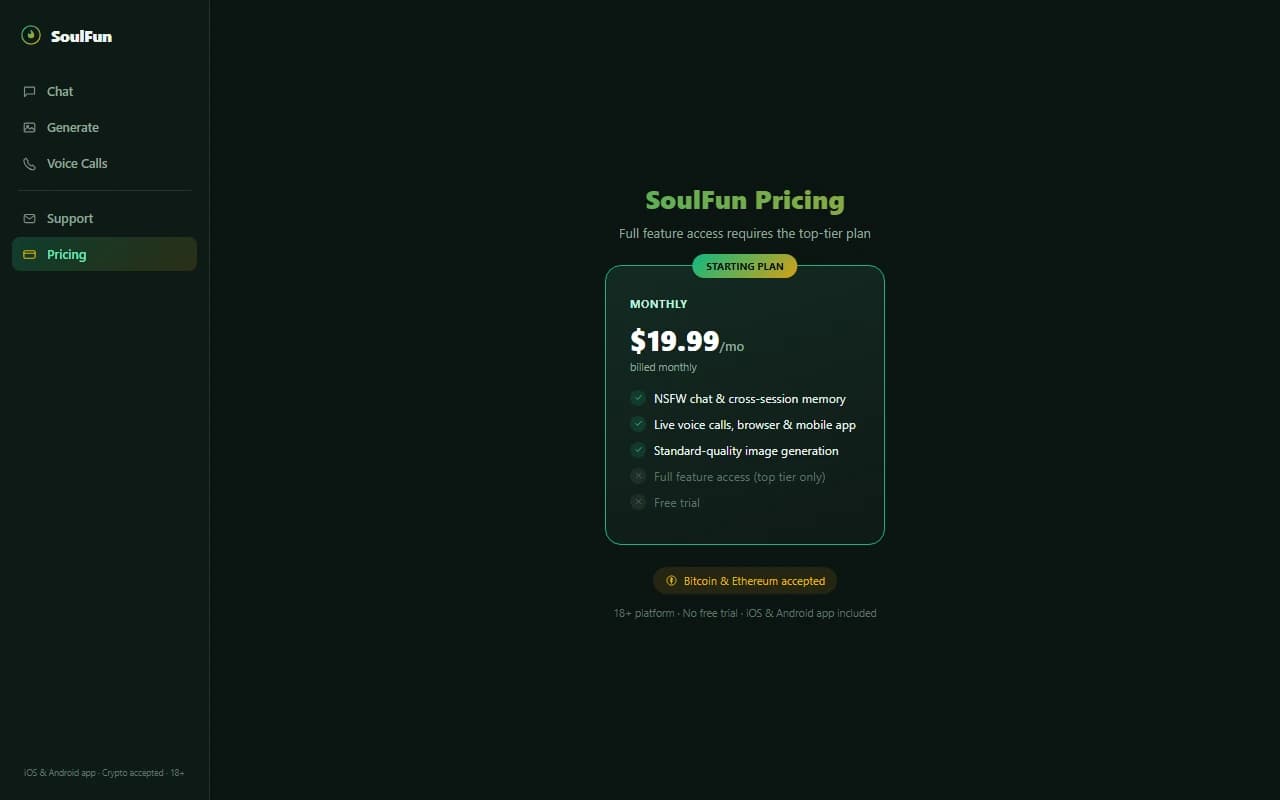SoulFun subscription pricing plans showing monthly tiers and cryptocurrency payment options