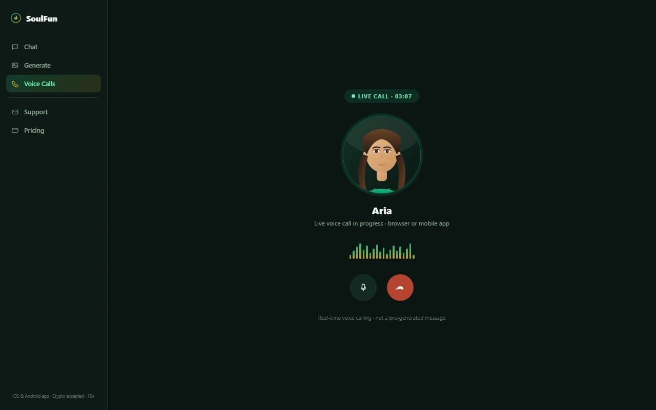 SoulFun live voice call screen showing an active call with an AI companion