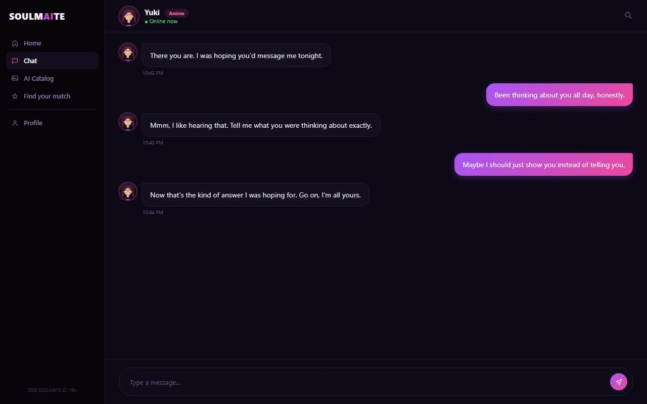 Soulmaite chat interface showing a conversation with an anime-style AI companion
