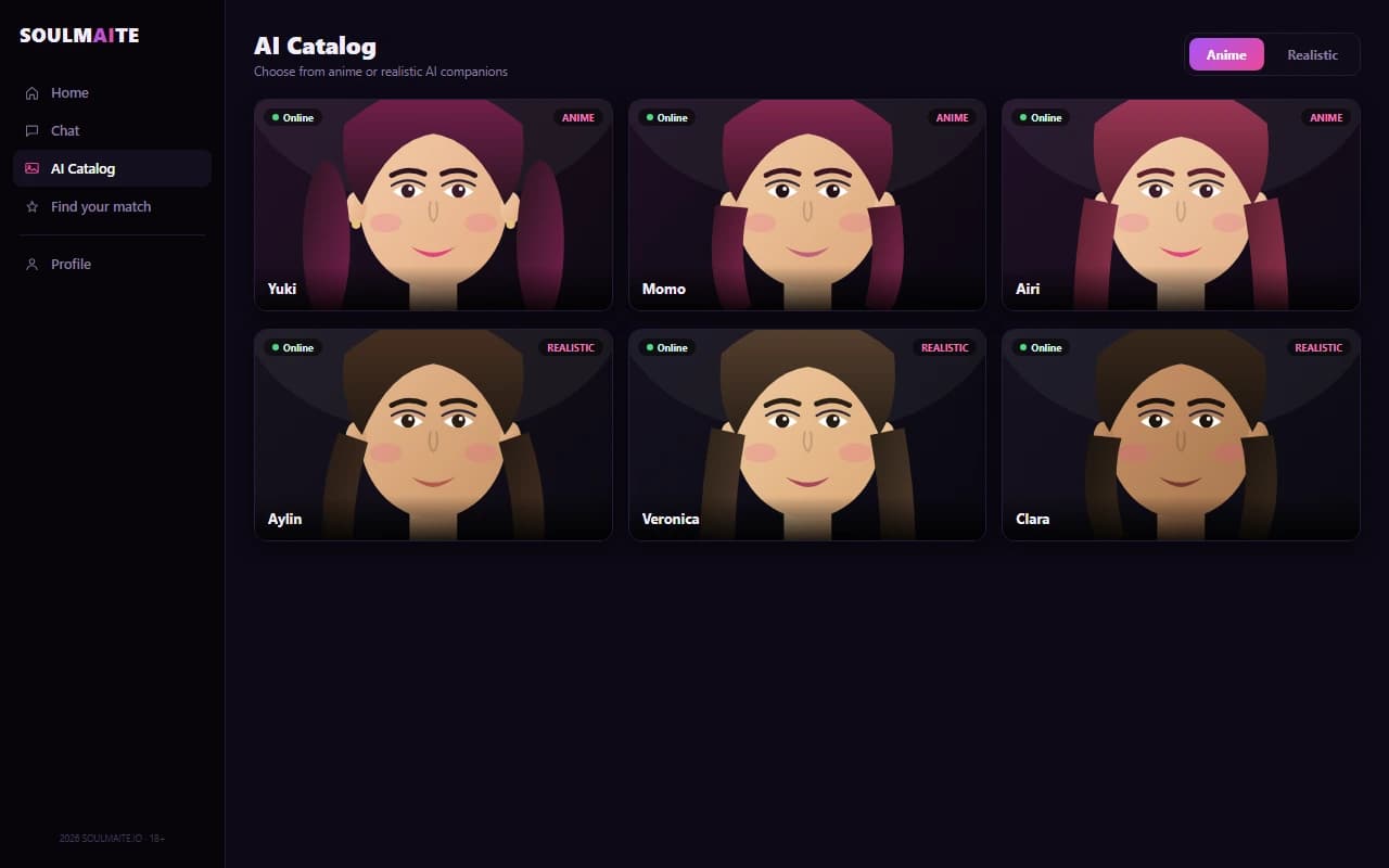 Soulmaite AI catalog screen with anime and realistic character style toggle
