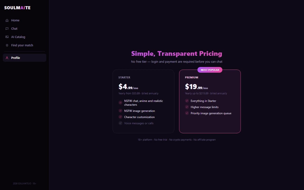 Soulmaite subscription pricing plans