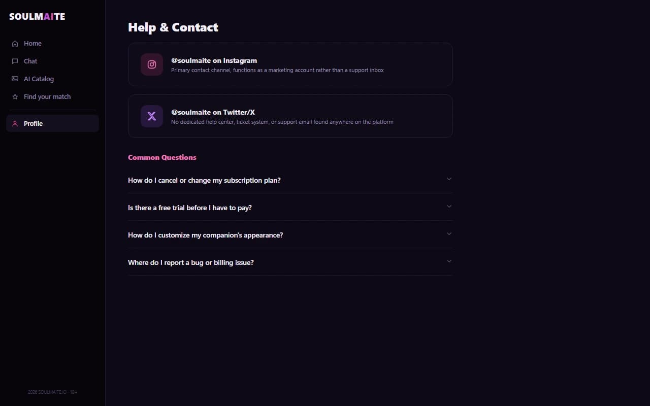 Soulmaite help and contact screen showing Instagram and Twitter/X as the only contact channels