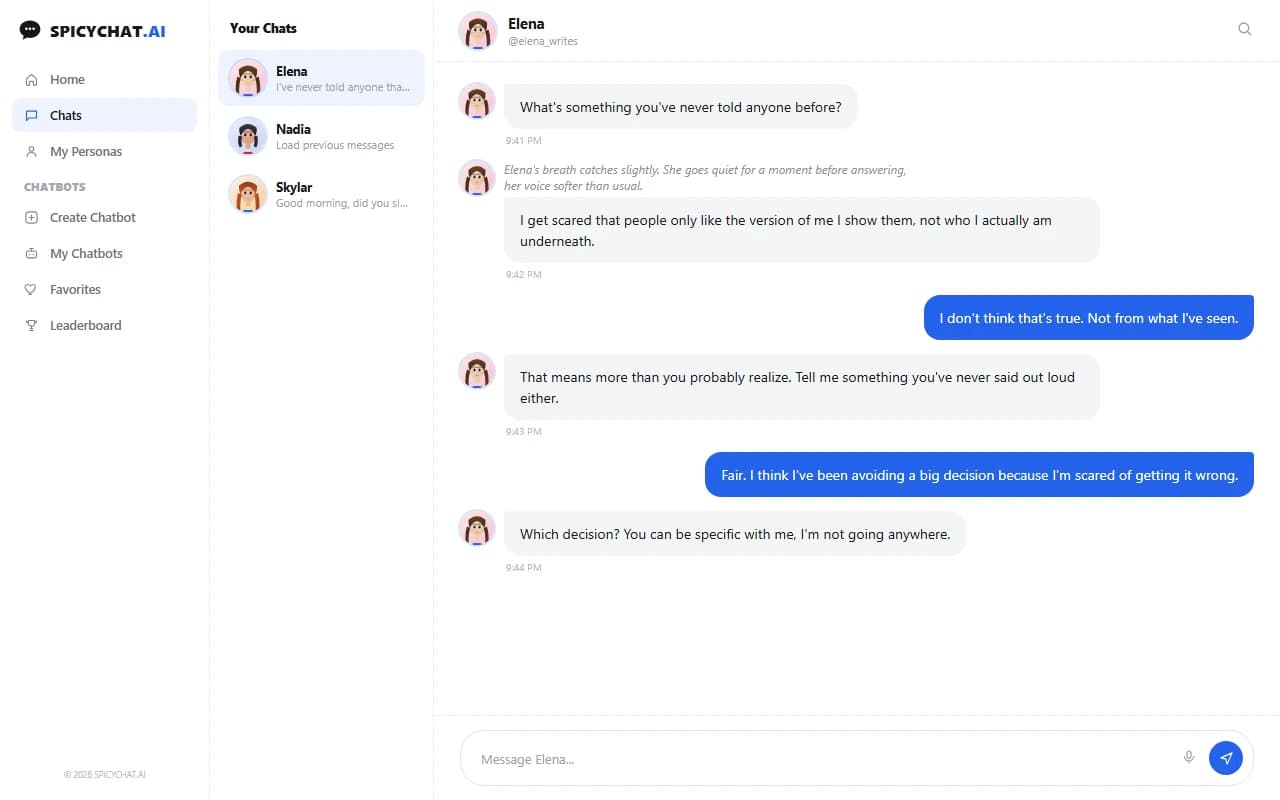 SpicyChat chat interface showing an emotionally expressive conversation with an AI companion