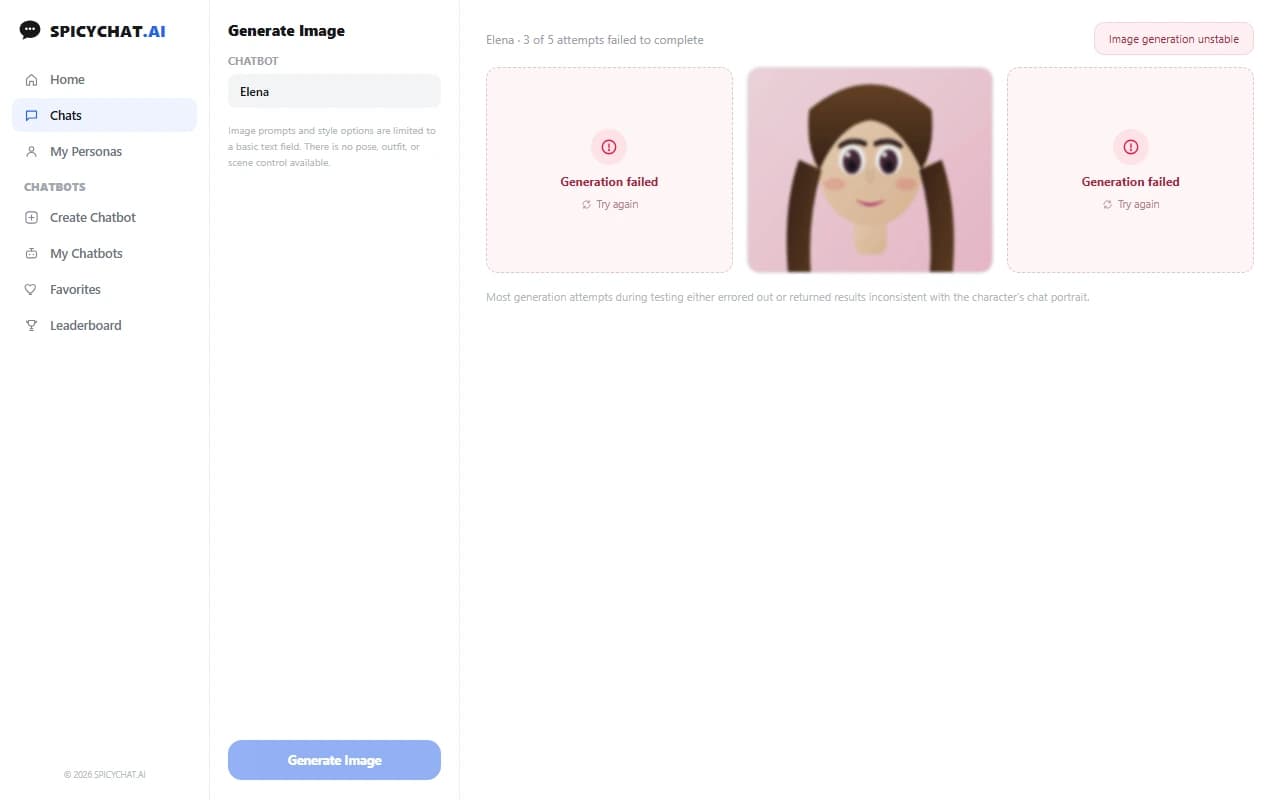 SpicyChat image generation screen showing a failed generation attempt