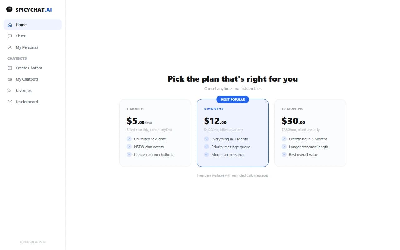 SpicyChat subscription pricing plans starting at five dollars a month
