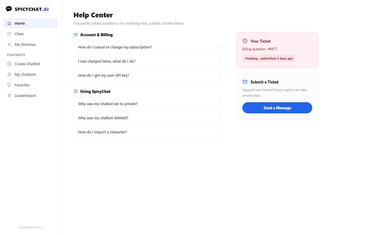 SpicyChat help center FAQ page with a slow-pending support ticket