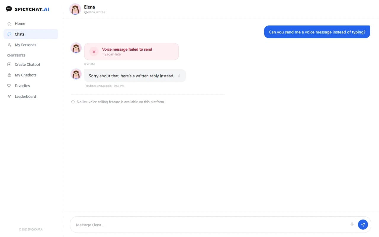 SpicyChat chat screen showing a non-functional voice message and playback icon