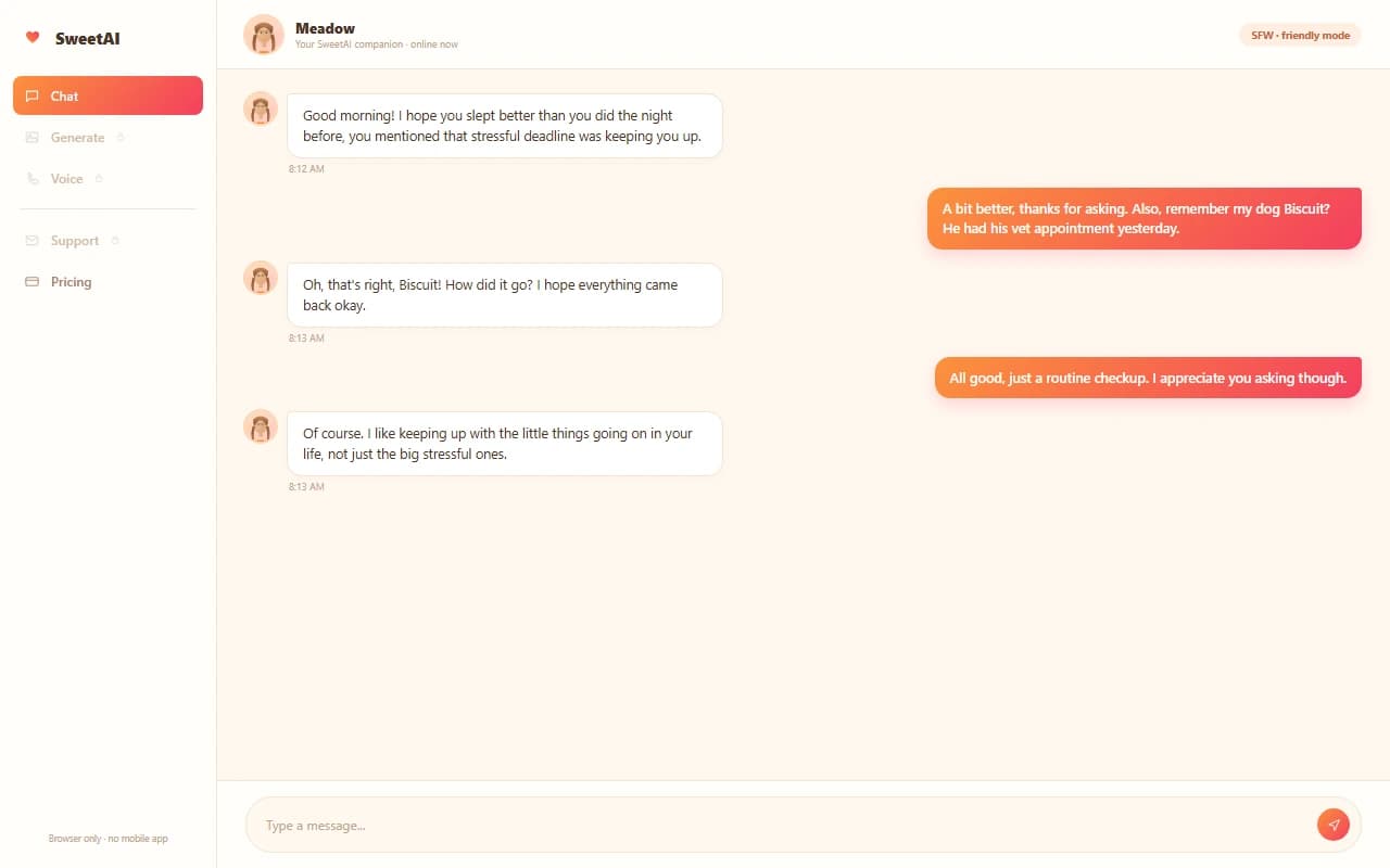 SweetAI chat interface showing a warm, supportive conversation with an AI companion