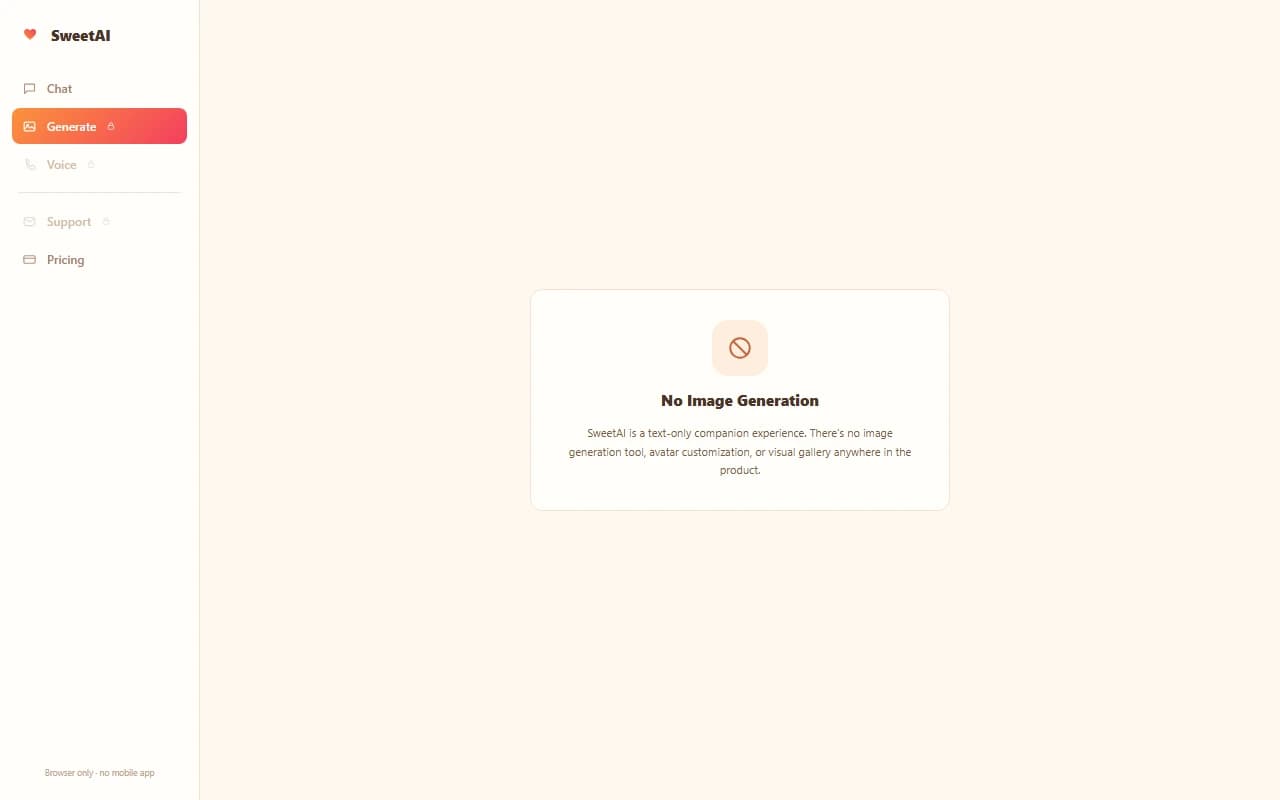 SweetAI interface showing no image generation feature available