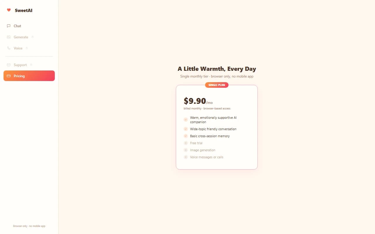 SweetAI pricing screen showing the single $9.90 monthly plan