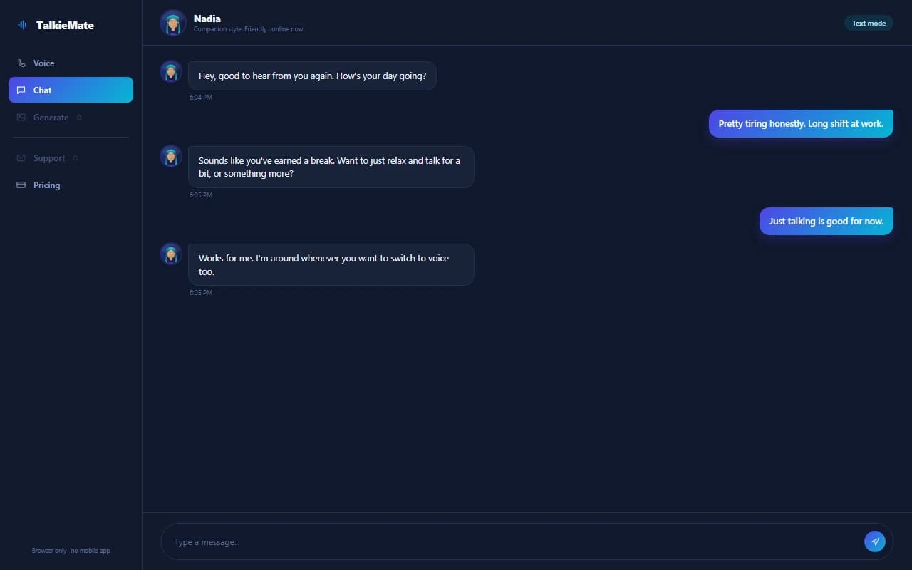 TalkieMate chat interface showing a text conversation with an AI companion
