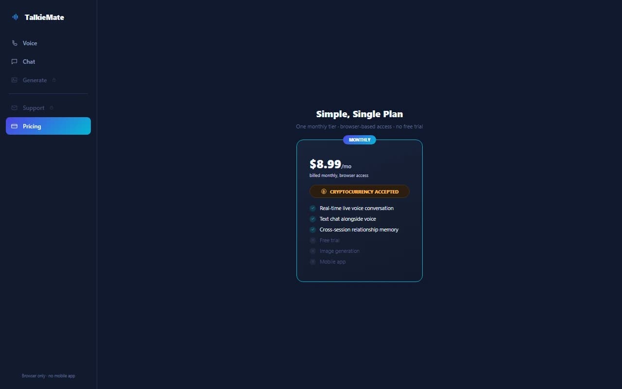 TalkieMate pricing page showing the single monthly subscription plan
