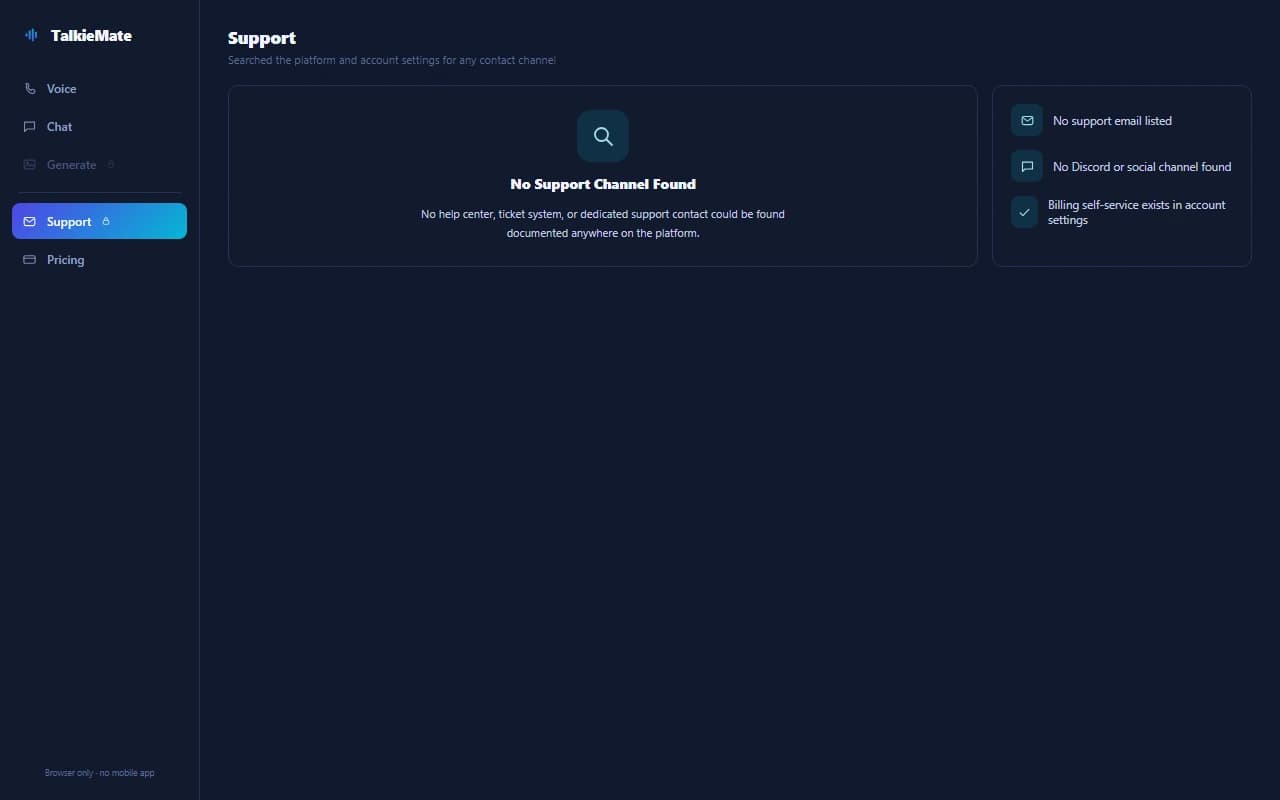 TalkieMate support page showing no help center or contact channel found