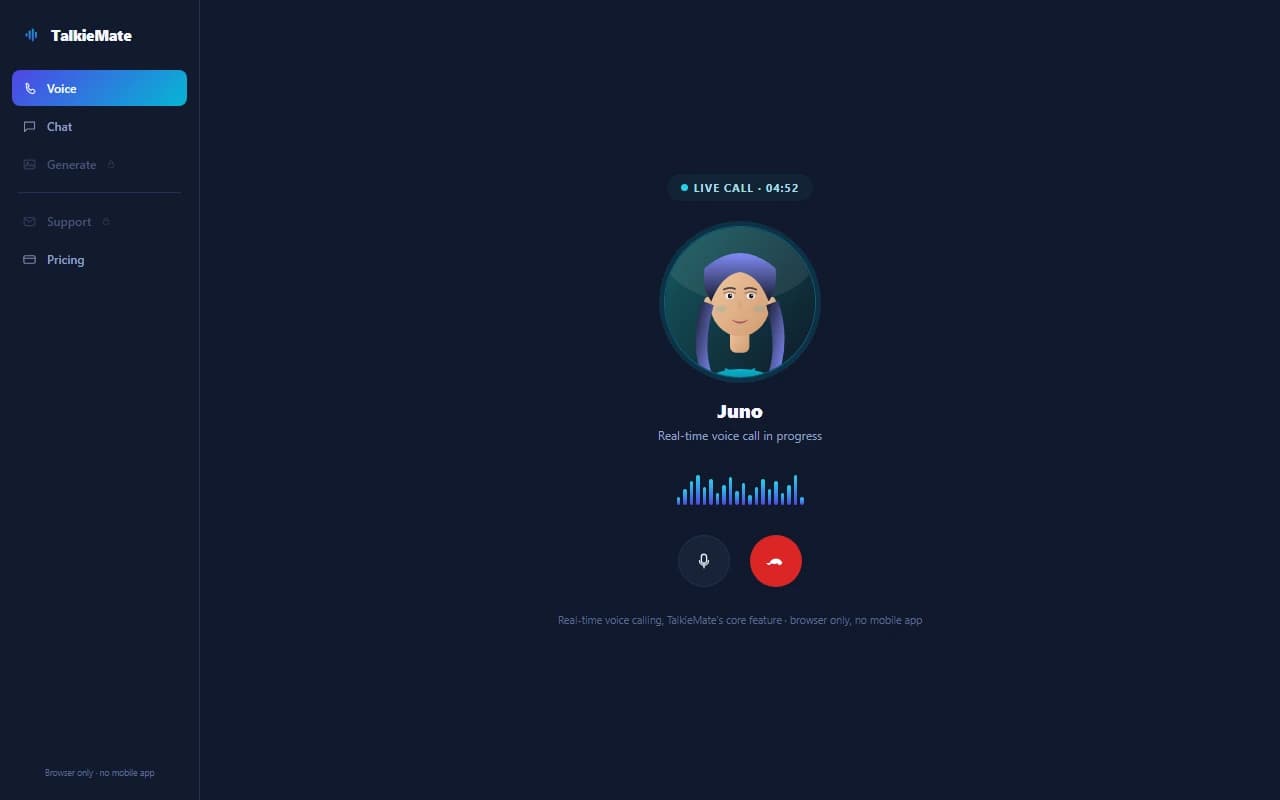 TalkieMate live voice call interface with an AI companion
