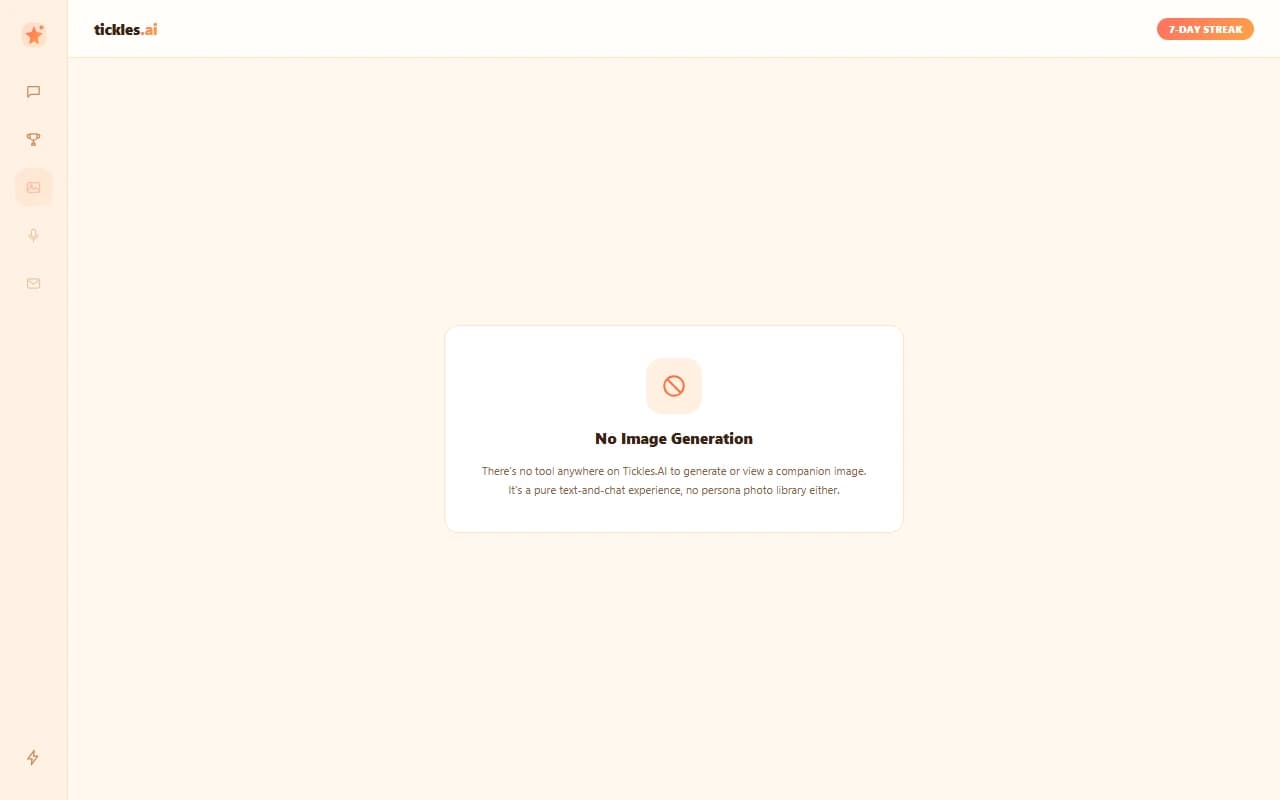 Tickles.AI chat composer with no image generation option available