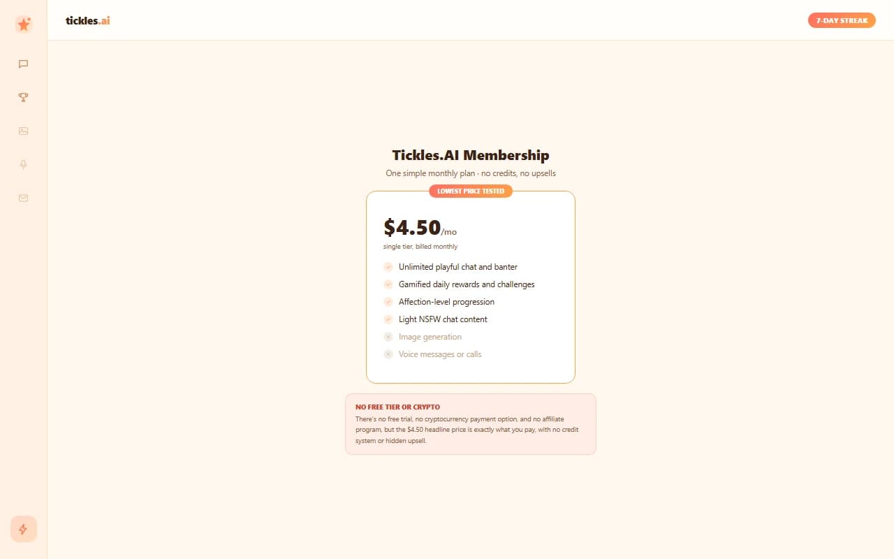 Tickles.AI pricing screen showing the free tier alongside the paid token plans