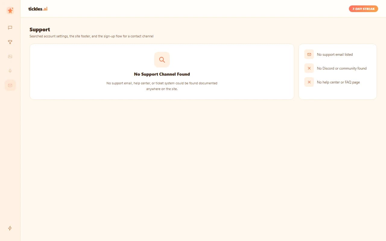 Tickles.AI account page with no support channel listed