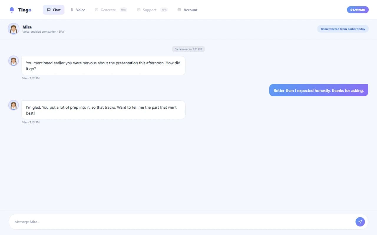 Tingo chat interface showing a conversation with an AI companion