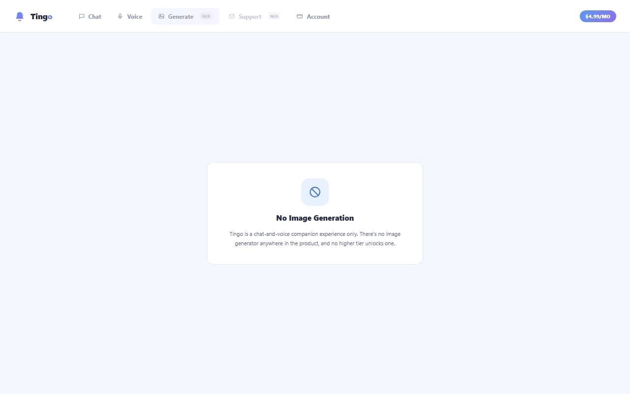 Tingo interface confirming no image generation feature