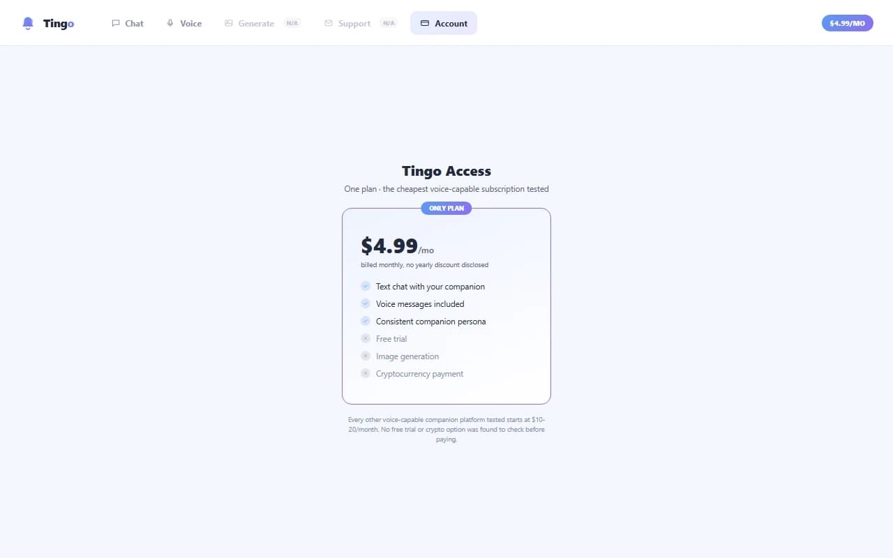 Tingo $4.99 per month pricing plan