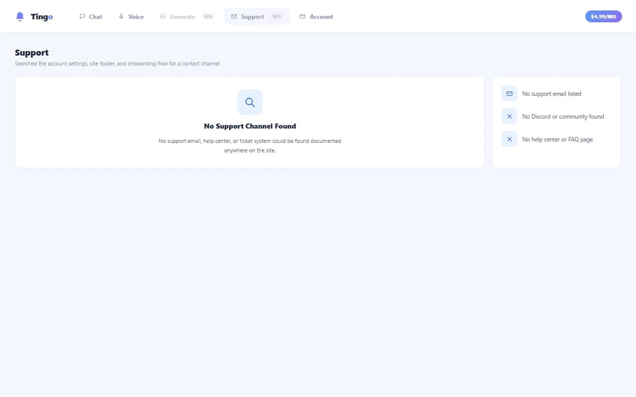 Tingo support page showing no listed contact channel